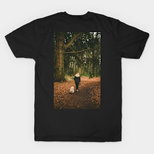 Woman Walking With Her Dog in The Woods T-Shirt